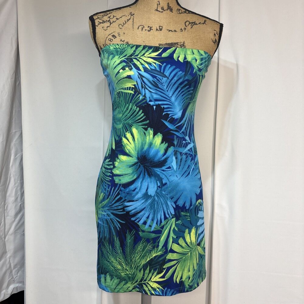 finesse usa vtg womens strapless mini dress blue/ green size L 80's Y2k